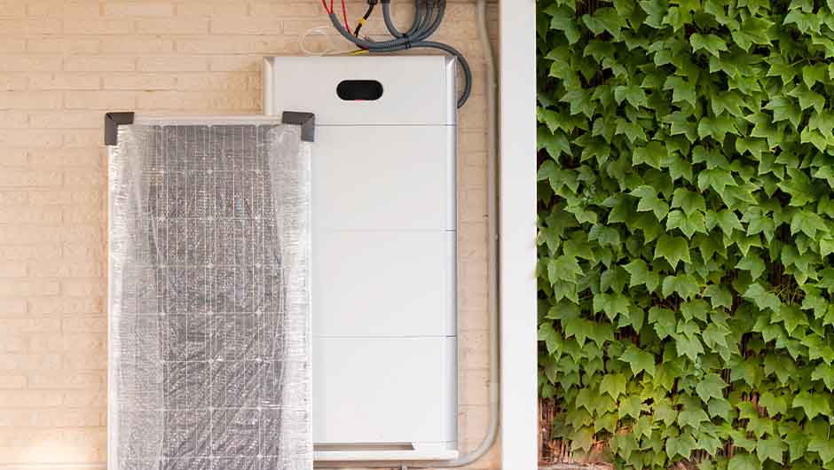 Solar energy battery on a brick wall with a new solar panel next to it