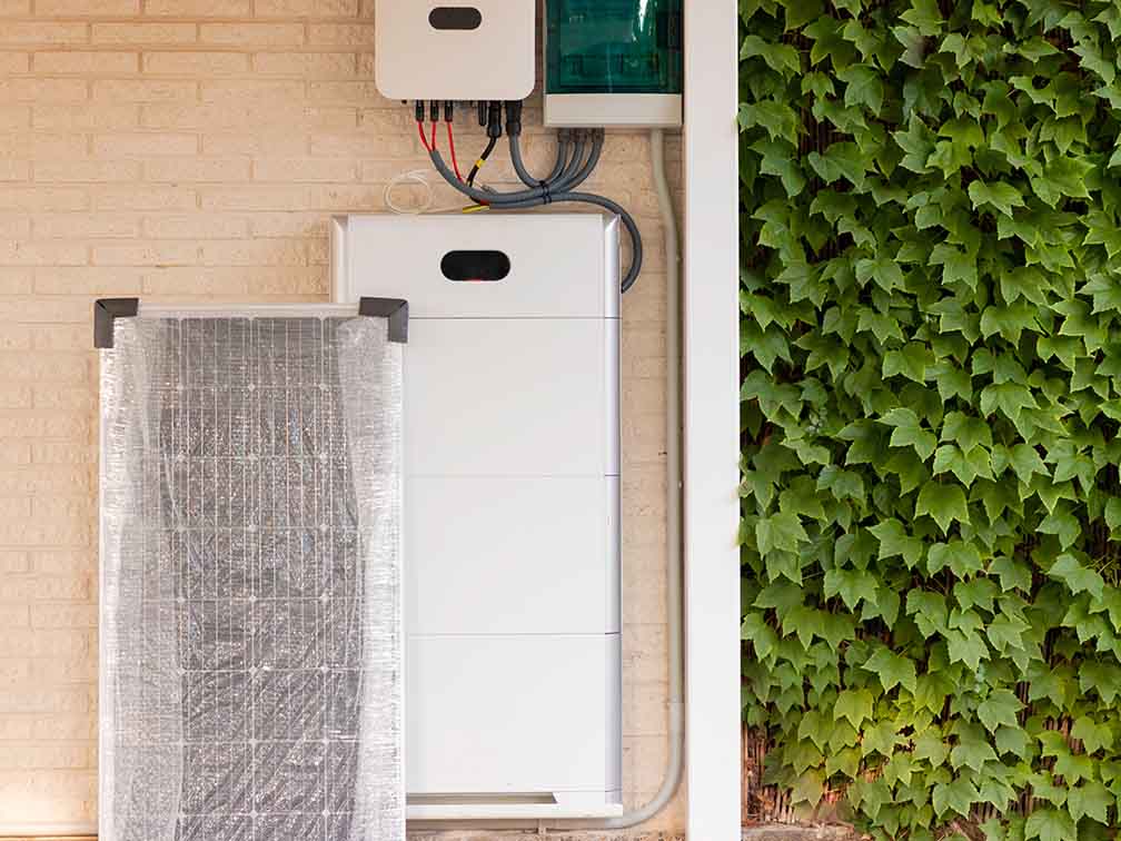 Solar energy battery on a brick wall with a new solar panel next to it